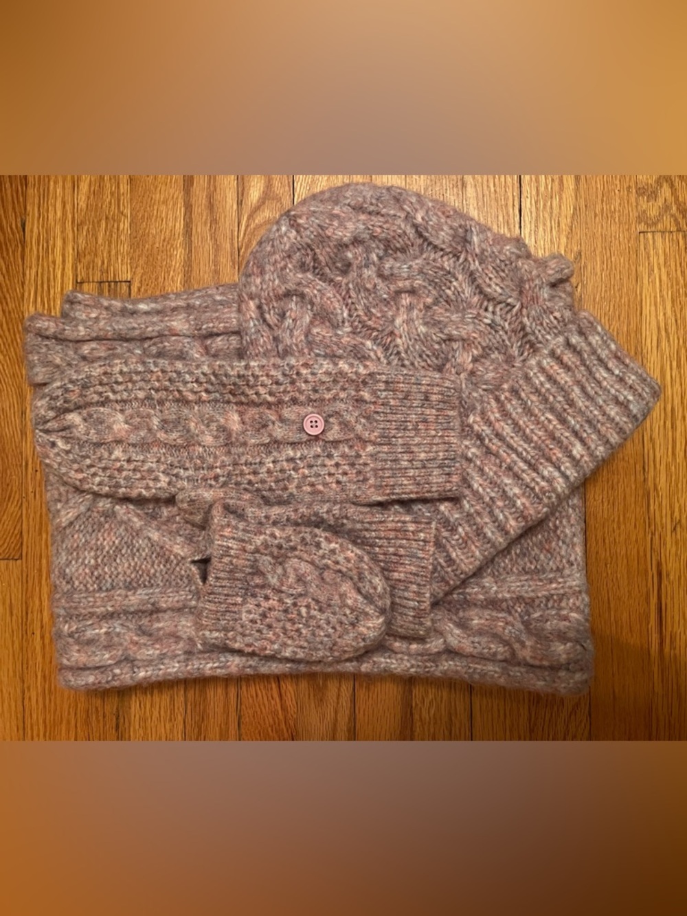 Wen’s Cable Knit Scarf, Hat and Mittens in Dusty Rose
